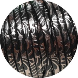 Cuir plat 5mm avec relief floral noir et argent en vente au cm