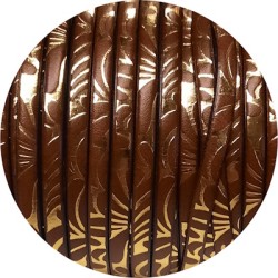 Cuir plat 5mm avec relief floral cognac et de la feuille dorée en vente au cm