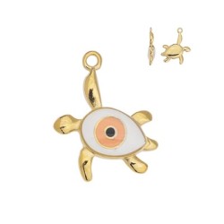Pendentif tortue émaillée blanc œil en métal couleur or