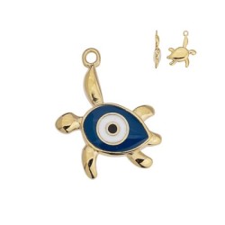 Pendentif tortue émaillée marine œil blanc en métal couleur or