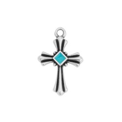 Pendentif croix émaillée turquoise en métal placage argent