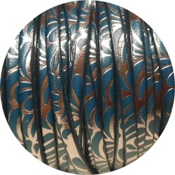 Cuir plat de 5mm avec relief floral bleu atoll et argent en vente au cm