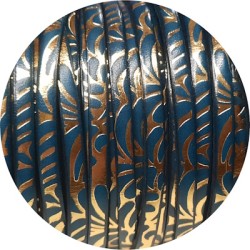 Cuir plat de 5mm avec relief floral bleu atoll et or en vente au cm