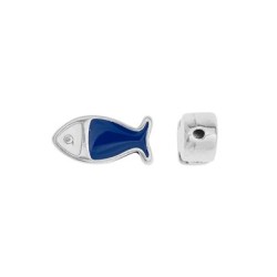 Perle poisson de 9mm émaillée bleu et blanc en métal placage argent