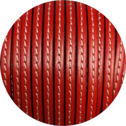 Cordon de cuir plat 5mm x 2mm rouge couture blanche-vente au cm