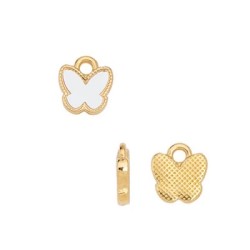 Pampille papillon émaillée blanc en métal couleur or