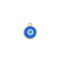 Disque rond de 14mm en métal couleur or émaillé oeil transparent bleu clair
