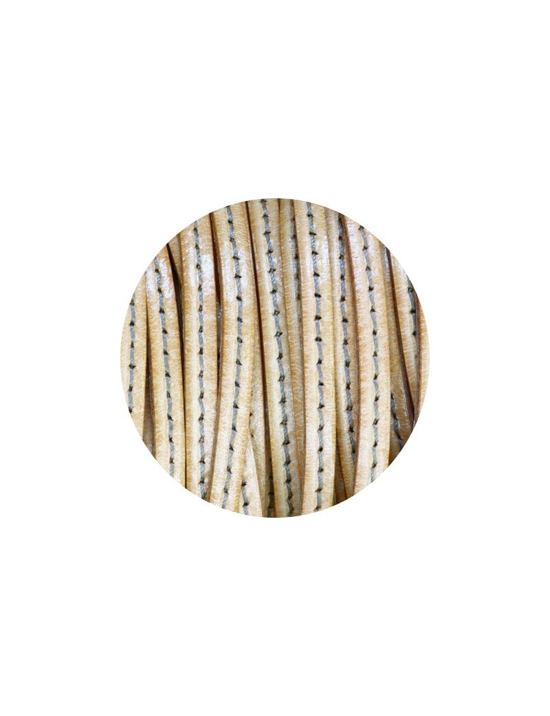 Cordon de cuir plat 5mm naturel beige couture blanche-vente au cm