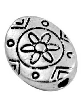 Perle en metal ovale et plate gravee fleur et symboles-11mm