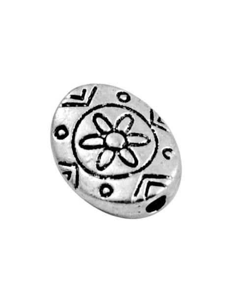 Perle en metal ovale et plate gravee fleur et symboles-11mm