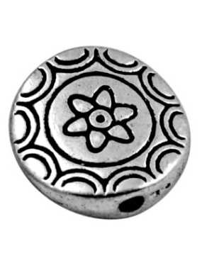 Perle plate ronde gravee fleur en metal couleur argent tibetain-11.5mm