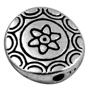 Perle plate ronde gravee fleur en metal couleur argent tibetain-11.5mm