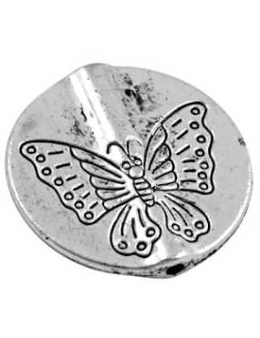 Grande perle plate gravee papillon metal couleur argent tibetain-25mm