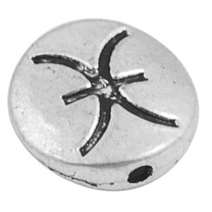 Perle metal ronde plate zodiaque couleur argent tibetain-Poissons-11mm