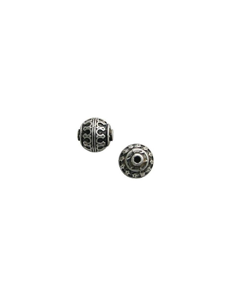 Grosse perle ronde gravee style oriental placage argent-15mm