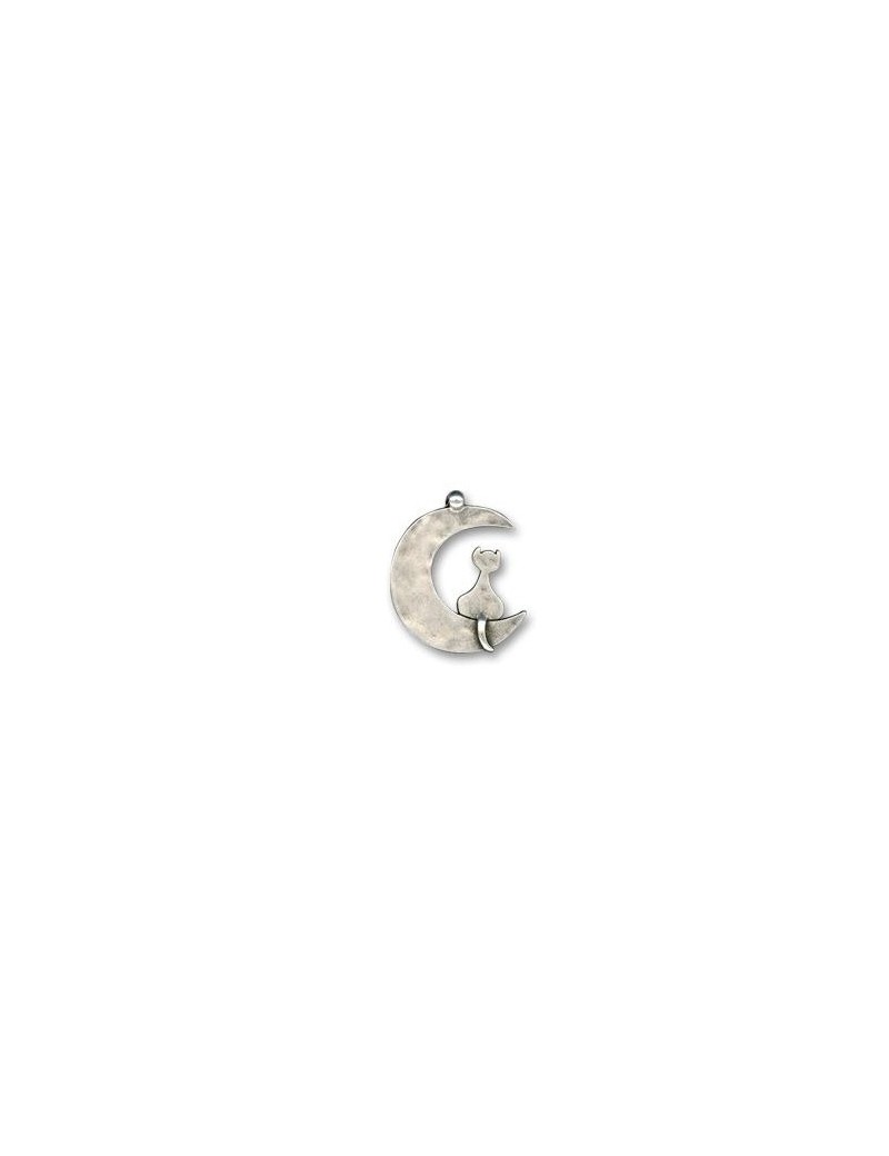 Pampille ou breloque cat moon en metal plaque argent-18mm