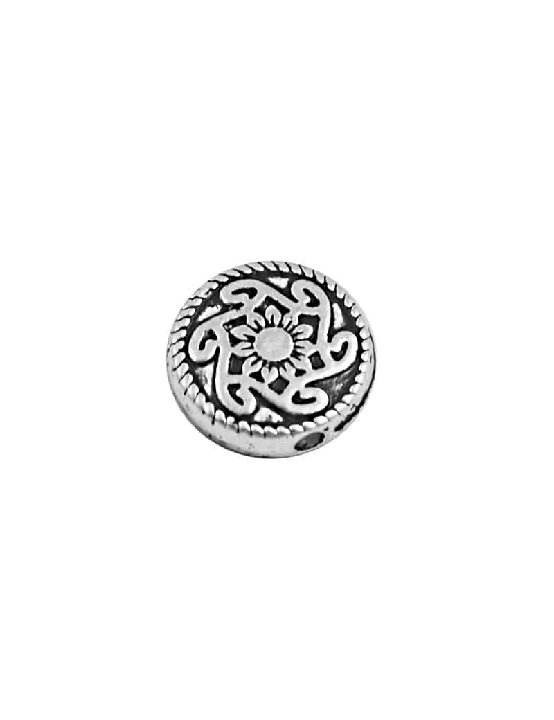 Perle ronde et plate gravee en relief couleur argent tibetain-10mm