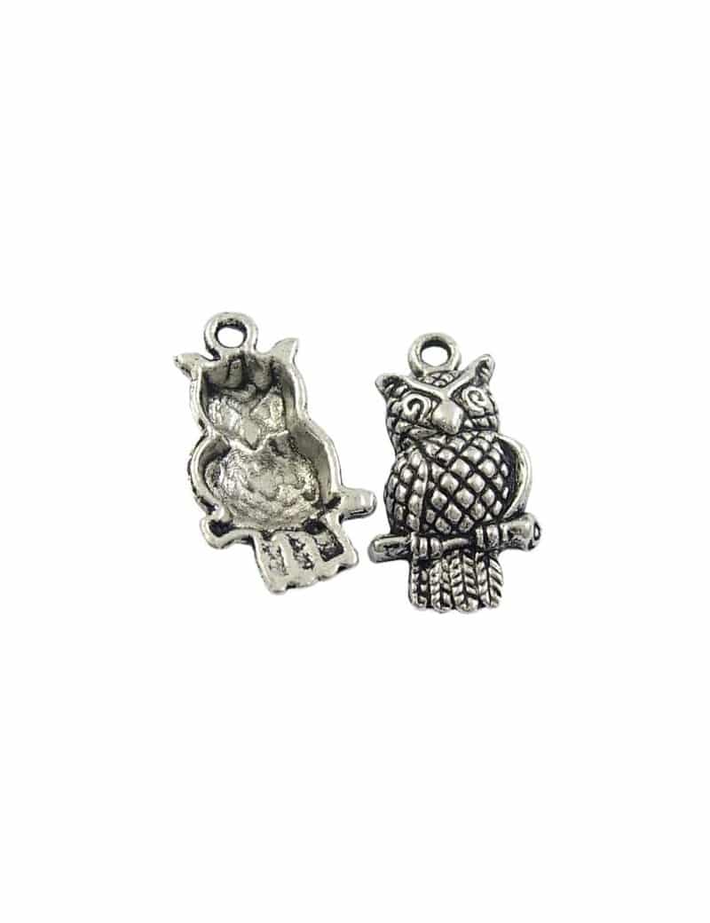 Pampille hibou en metal couleur argent tibetain-22mm
