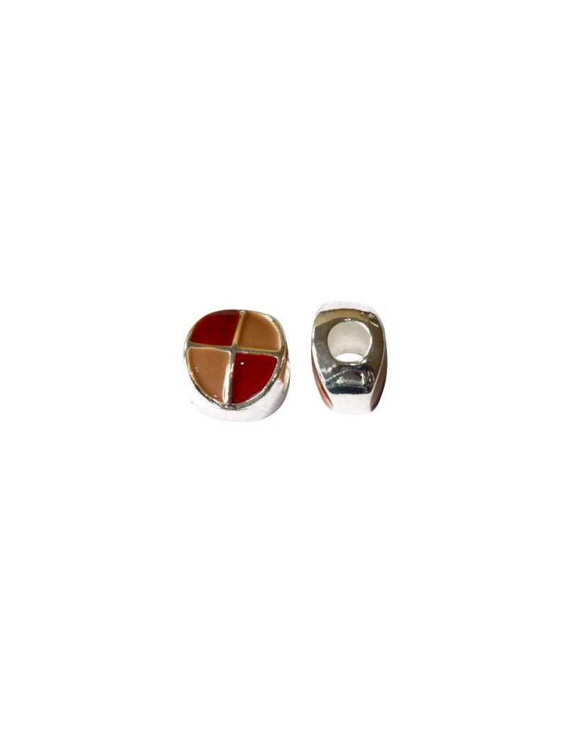 Perle ronde plate a gros trou en metal emaillee bicolore-12mm