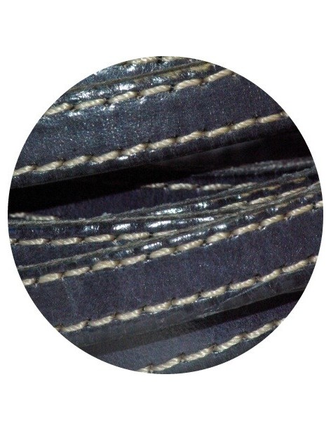 Cordon de cuir plat 10mm x 2mm gris bleu fonce coutures-vente au cm