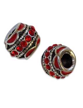 Perle en metal couleur argent tibetain habillee de strass rouges-12mm