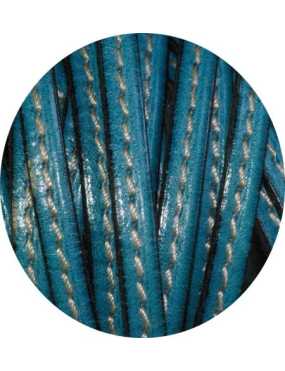 Cordon de cuir plat 5mm x 2mm bleu atoll couture blanche-vente au cm