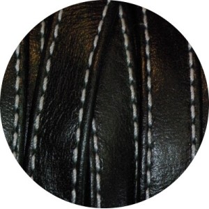 Cordon double de cuir plat 10mm noir coutures vendu au metre