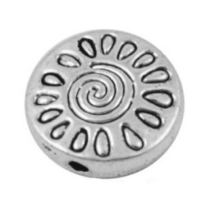 Perle ronde et plate gravee spirale couleur argent tibetain-13mm