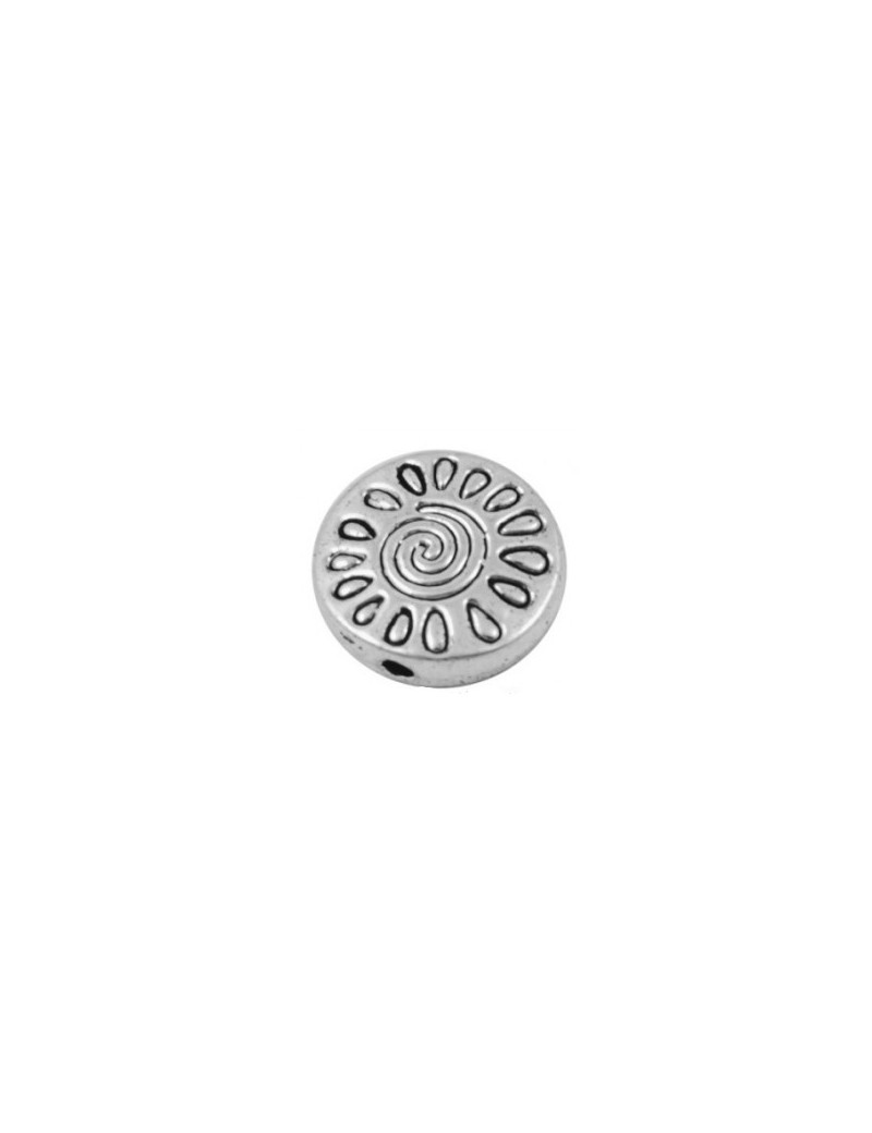 Perle ronde et plate gravee spirale couleur argent tibetain-13mm