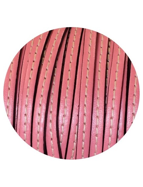 Cordon de cuir plat 5mm rose bebe couture blanche vendu au metre