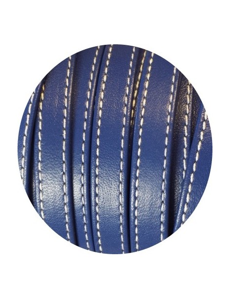 Cordon de cuir plat 10mm x 2mm double bleu coutures-vente au cm