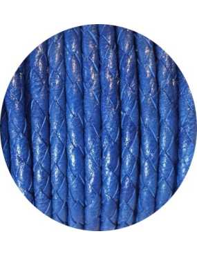 Cordon de cuir rond tresse 3mm bleu-vente au cm
