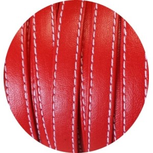 Cordon double de cuir plat 10mm rouge coutures vendu au metre