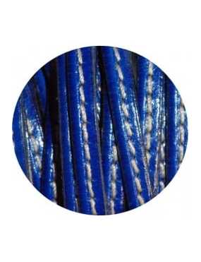 Cordon de cuir plat 5mm x 2mm bleu couture blanche-vente au cm