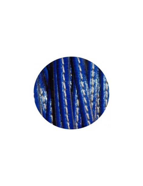 Cordon de cuir plat 5mm x 2mm bleu couture blanche-vente au cm