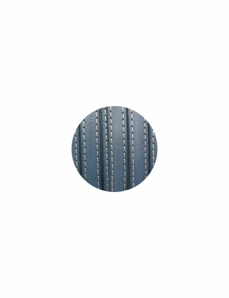 Cordon de cuir plat 10mm bleu gris coutures vendu au mètre