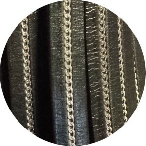Cordon de cuir plat 10mm noir avec une chainette-vente au cm