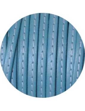 Cordon de cuir plat 5mm x 2mm bleu ciel couture blanche-vente au cm