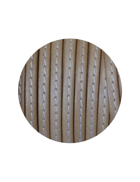 Cordon de cuir plat 5mm x 2mm beige couture blanche-vente au cm