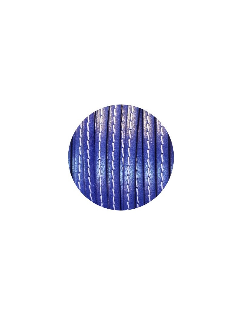 Cordon de cuir plat 5x2mm bleu cobalt couture blanche-vente au cm