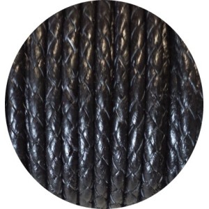 Cordon de cuir rond tresse 3mm noir vendu à la coupe au mètre