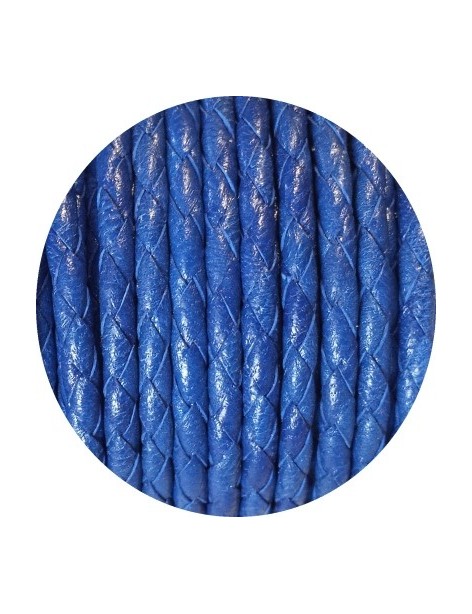 Cordon de cuir rond tresse 3mm bleu vendu à la coupe au mètre