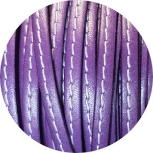 Cordon de cuir plat 5x2mm violet couture blanche-vente au cm