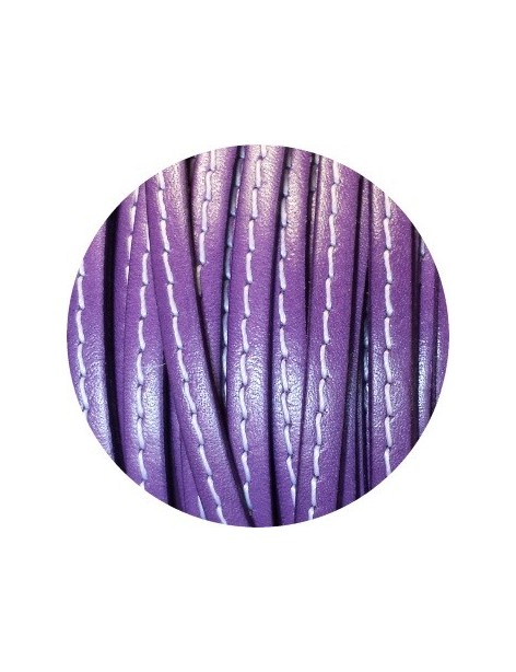 Cordon de cuir plat 5x2mm violet couture blanche-vente au cm