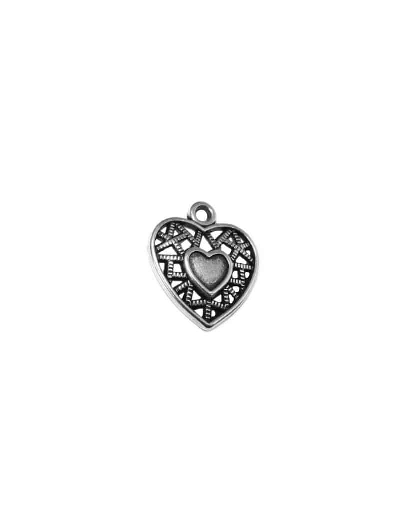 Pampille coeur ajouré en métal placage argent-18mm