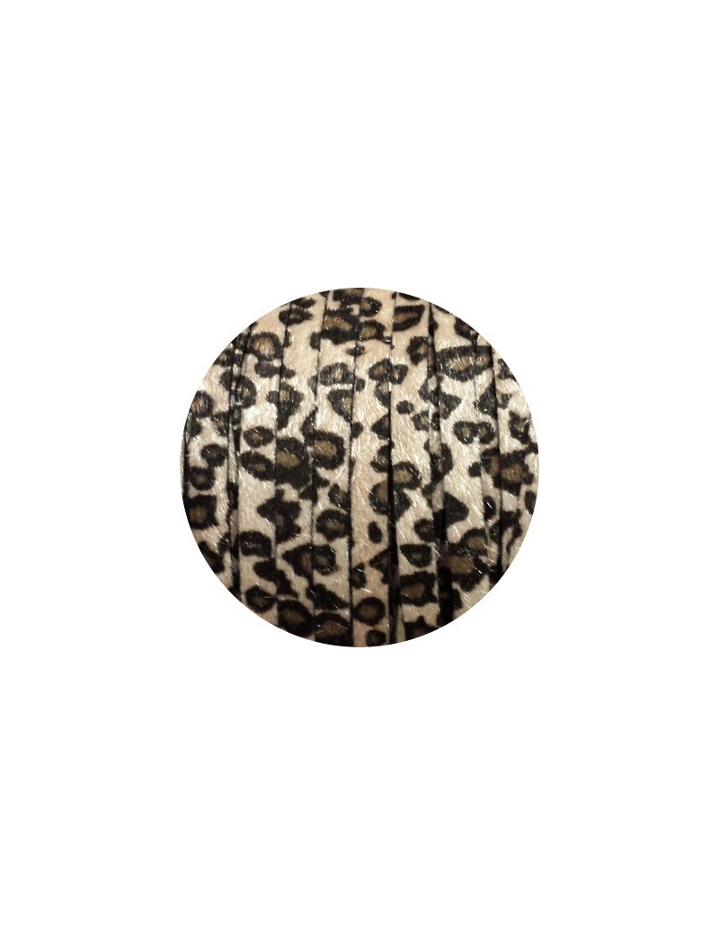 Laniere de cuir plat leopard beige avec poils synthétiques 8mm-vente au cm
