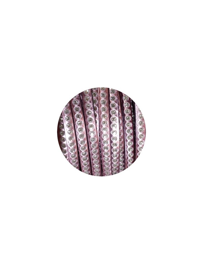 Cordon de cuir plat 6mm rose effet miroir avec strass-vente au cm