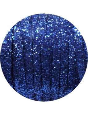 Cordon de cuir plat paillettes 10mm bleu-vente au cm