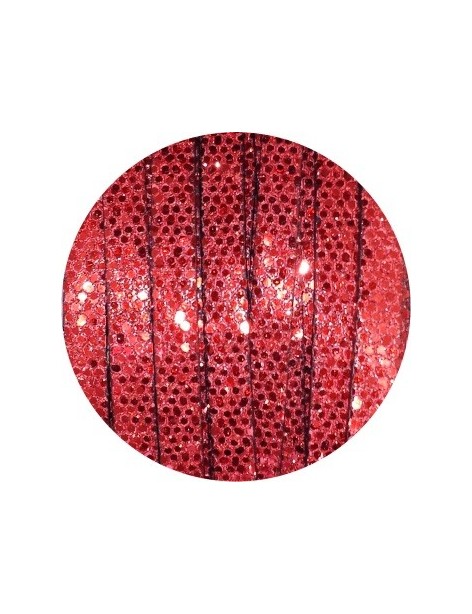 Cordon de cuir plat paillettes 6mm disco rouge-vente au cm