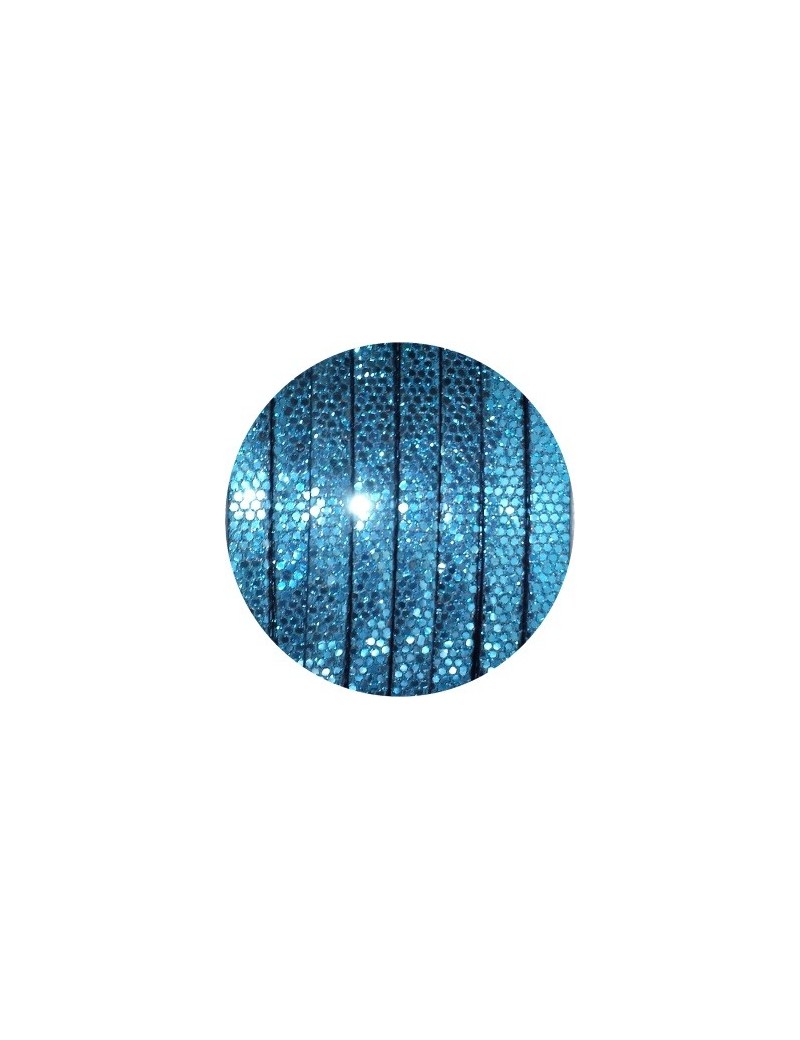 Cordon de cuir plat paillettes 6mm disco bleu-vente au cm
